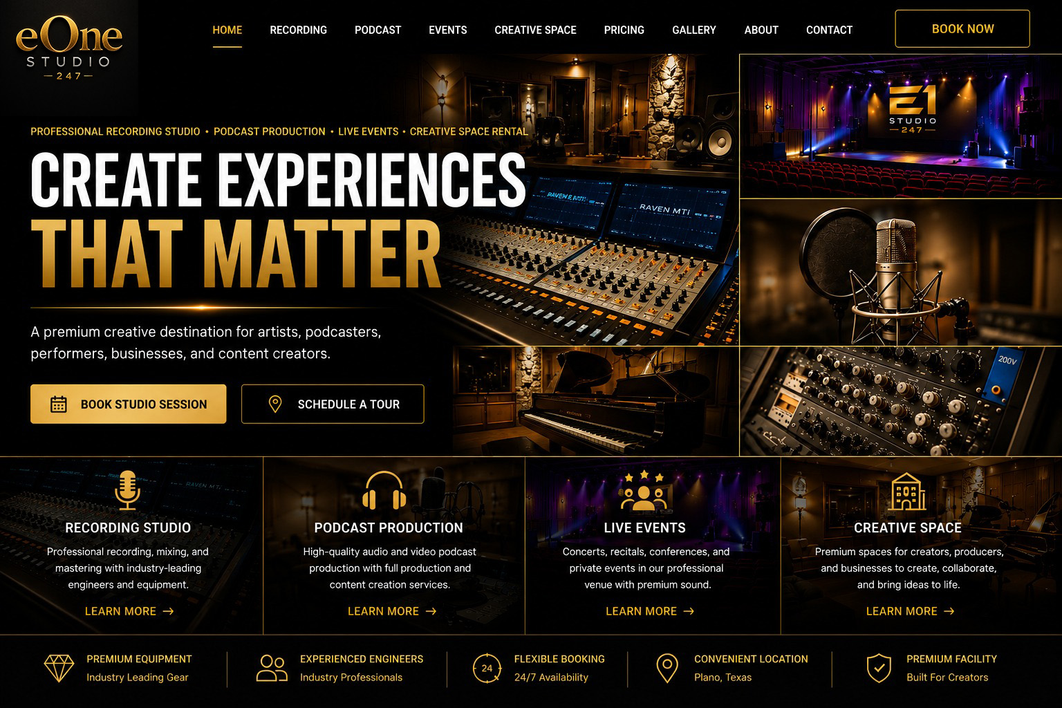 E1 Studio 247 premium recording studio, podcast production, live events, and creative space homepage