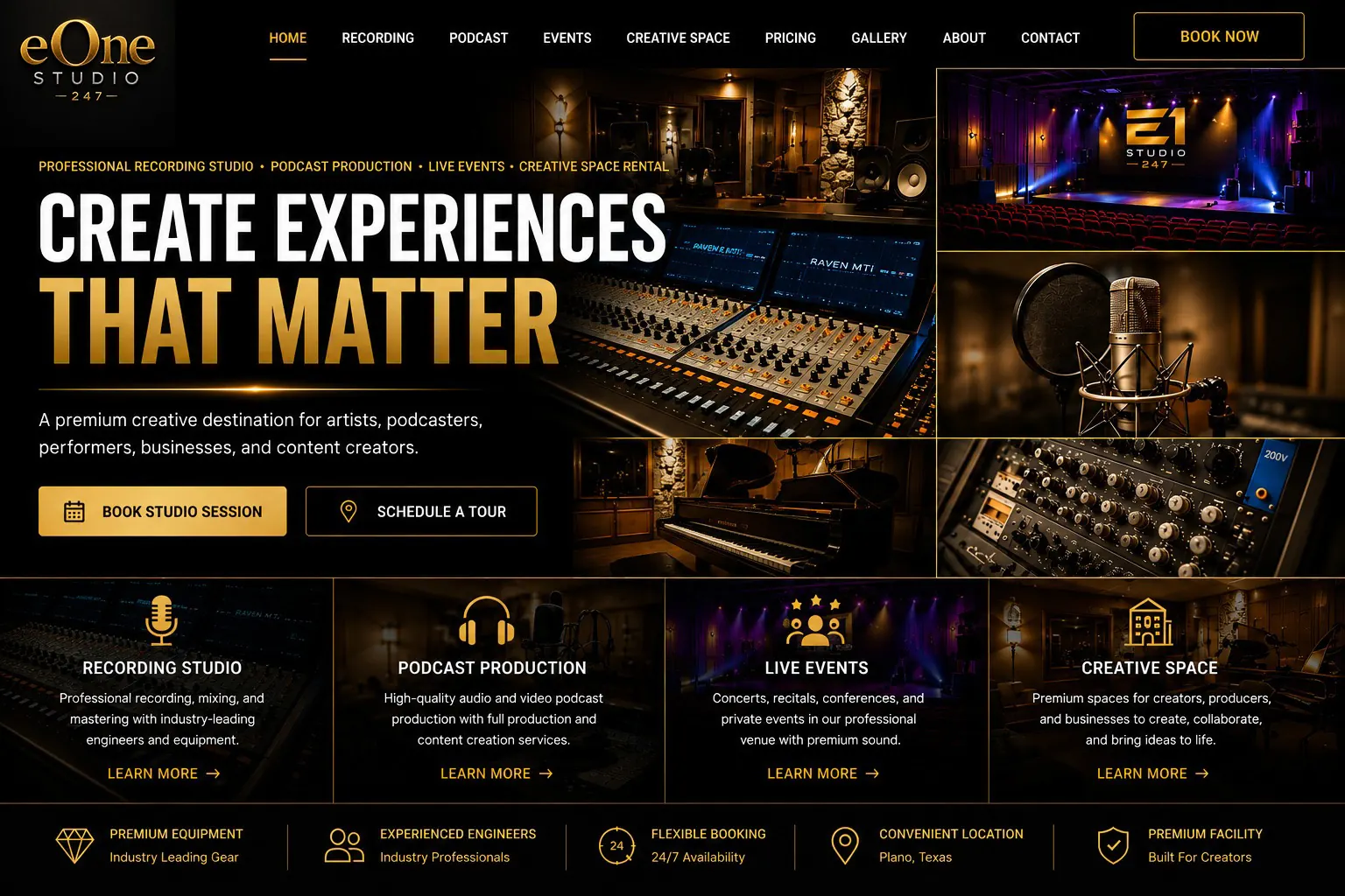 E1 Studio 247 premium recording studio, podcast production, live events, and creative space homepage